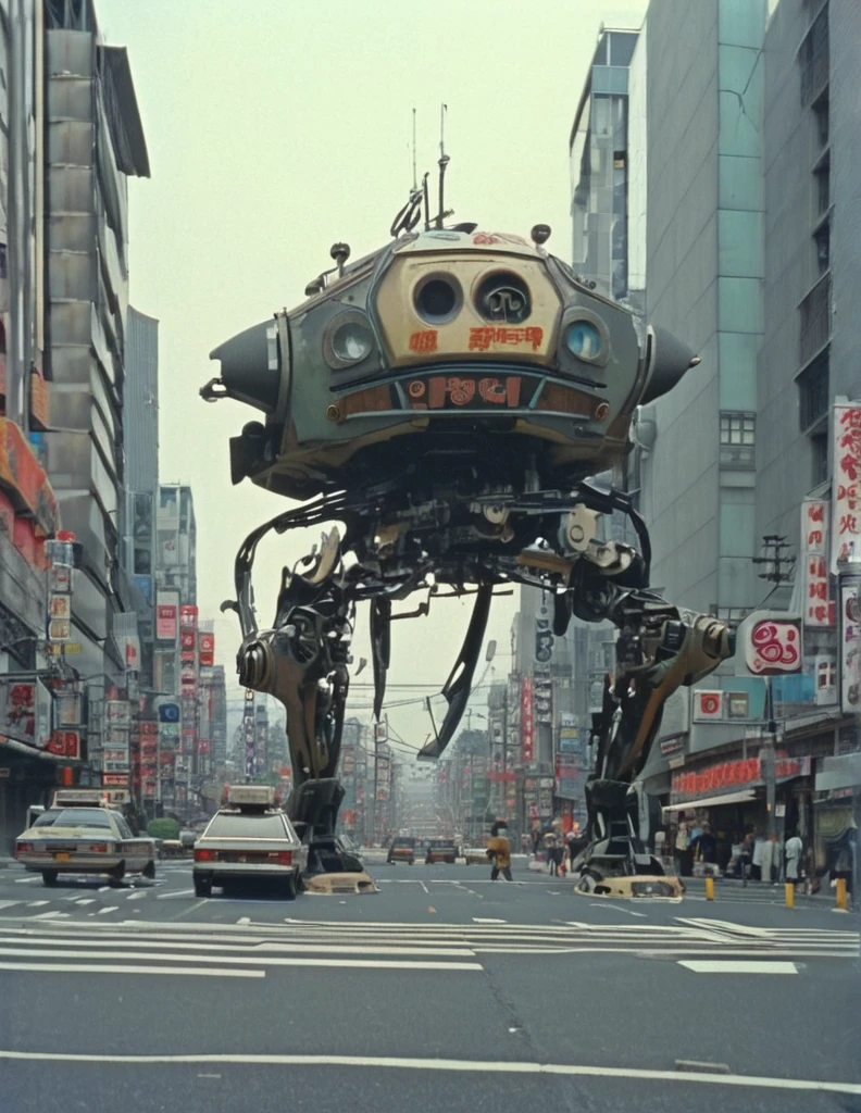 apocalyptic a robot with a large turret on its top, spider robot, reelmech, mechanical parts, machinery, joints, 
There are many cars and people on the city streets., Japan 1980s, Downtown Japan, Tokyo cityscape, Japan Streets, vintage footage of Tokyo cityscape, Tokyo cityscape set in 1982, Tokyo cityscape, Photos of Japan in the 80s, Japan Streets, in the Tokyo cityscape, Kodachrome : : 8k yen, Vintage Photography, Printed matter from the 1970s