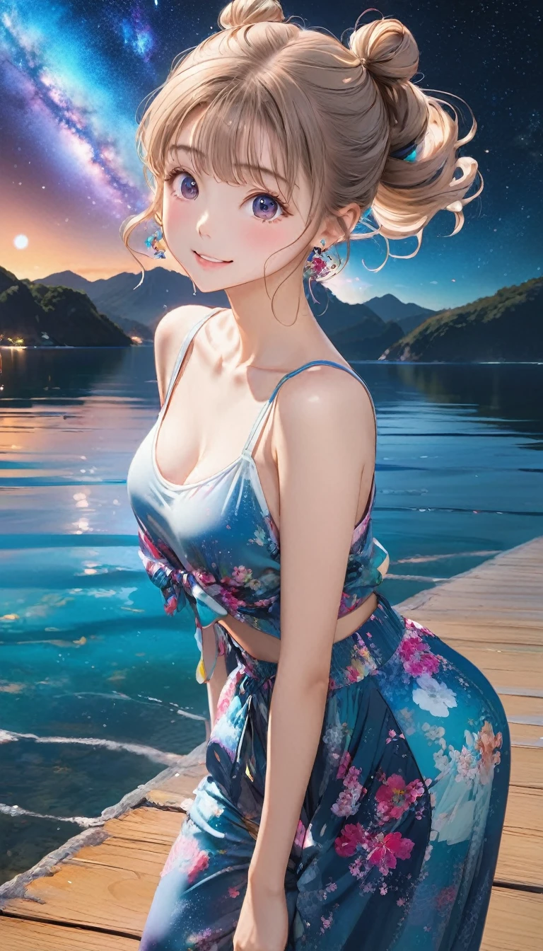 anime illustration, ((((highest quality)))), (((Ultra-precision CG 16K))), (((masterpiece))), BREAK skinny body, slender waist, medium Breasts, (((perky breasts))), ((sagging breasts)), (covered nipples),  (((tanned skin, tan lines))) , BREAK ( smiling, blush, determined expression, sweaty , Heavy breathing, embarrassed, ) , (natural make), BREAK narrow eyes, (streaked hair, hair intakes, colored inner hair, ) BREAK (((wearing printed oversized clothing , wearing wide-leg-pants, breasts is covered by outfit, (detailed panty), Narrow aisles,))) , wearing earrings , BREAK ( stick breast out,  bending over, all four, )) BREAK  (( ripples , horizon , under the cosmic sky on the cosmic sea , cosmic effects)), (((close-up of face, bust-up shot,  looking at viewer, ))), BREAK ((cinematic , from side , from above , (Distant view, Panorama), looking at viewer, )) , pinup magazine pose,