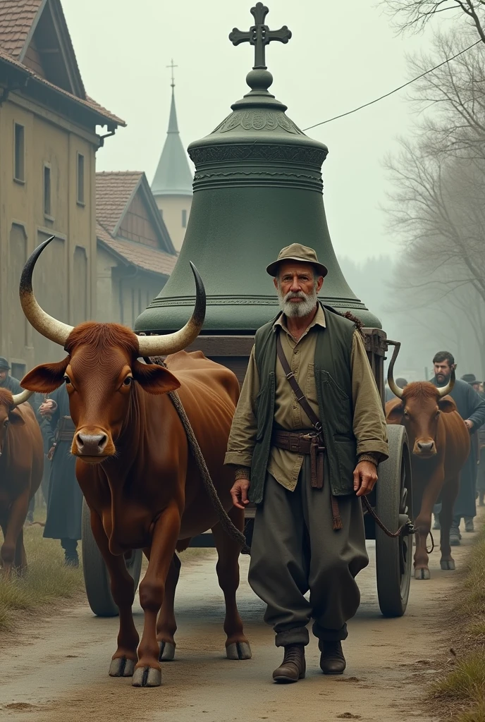 Create an image of a yoke of oxen with a cart with a church bell being carried and pulled by a simple man of Pomeranian origin and other yokes of oxen behind accompanied by more simple men.