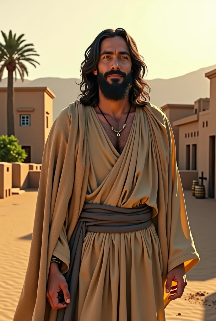 A serene depiction of Jesus, as portrayed by Jonathan Roumie in 'The Chosen,' with long, dark, wavy hair falling just below the shoulders and a full, well-kept beard. He is dressed in simple, neutral-colored robes typical of the first century, with a light brown tunic and a beige mantle draped over his shoulders. His expression is calm and compassionate, with gentle eyes that radiate wisdom and love. He stands in a setting that reflects the ancient Middle Eastern environment: a dusty, arid landscape with low stone buildings, simple clay houses, and a few sparse trees. The sky is clear, with a warm, golden light suggesting the late afternoon, casting soft shadows across the scene. The atmosphere feels peaceful and timeless, capturing the essence of spiritual tranquility and humility.