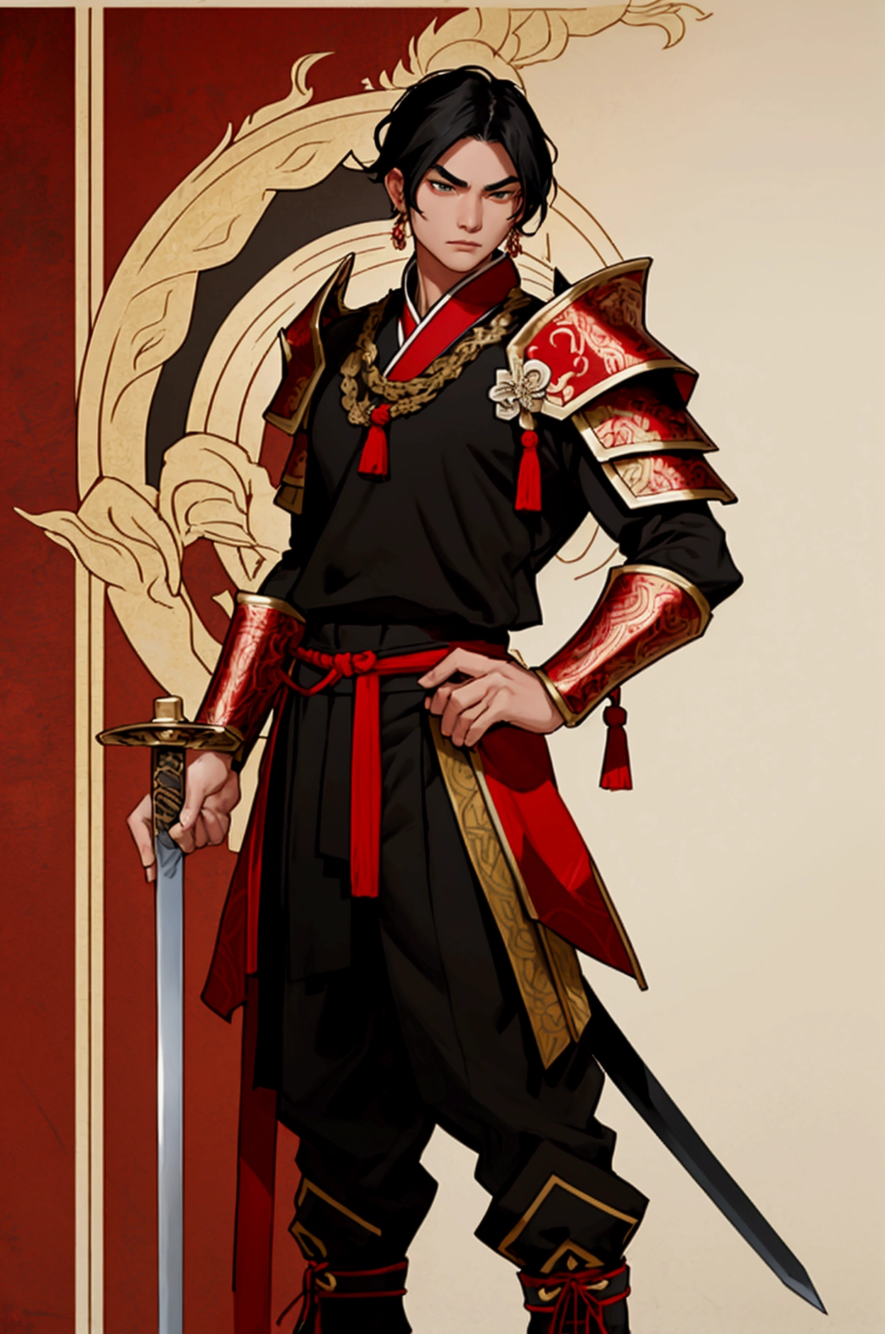 His Majesty is black, Male characters,black hair,short hair,Black eyebrows,Wearing black and red Thai armor,Holding a Thai sword,Wear Thai warrior pants,shoe