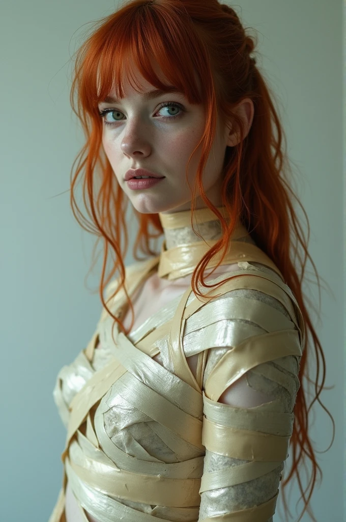 red pubic hair, realistic, very skinny body, small boobs, tan body,  one ginger asian 1girl, 18 years old, redhead ponytail, light blue eyes, ((freckles)), cute, ,,chain,silver dirty ripped dress,no bra,no panties,see-through, chained at dungeon wall ,  puffy pussy,  front view, dark setting, candles at the wall, legs wide open, cum dripping out vagina, sad face