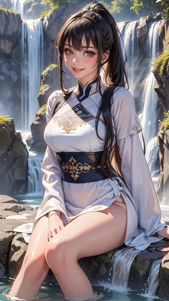 (bathing in the basin of a waterfall),ultra straight hair,long ponytail,rash guard,(Highest image quality, (8K), Ultra-realistic, Best Quality, High quality, High Definition, high quality texture, high detailing, Beautiful detailed, fine detailed, extremely details CG, Detailed texture, realistic representation of face, masterpiece, presence)