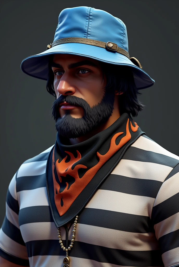 Free fire male character, My character is one who wears a blue hat that falls halfway down the sides, a black bandana with a fire design on the side, a black and white striped prisoner shirt, and the hat is not a cap, it is a hat that falls halfway down the sides, it is not a cap, the hat is more down by the ear, it is a hat that falls down the sides.