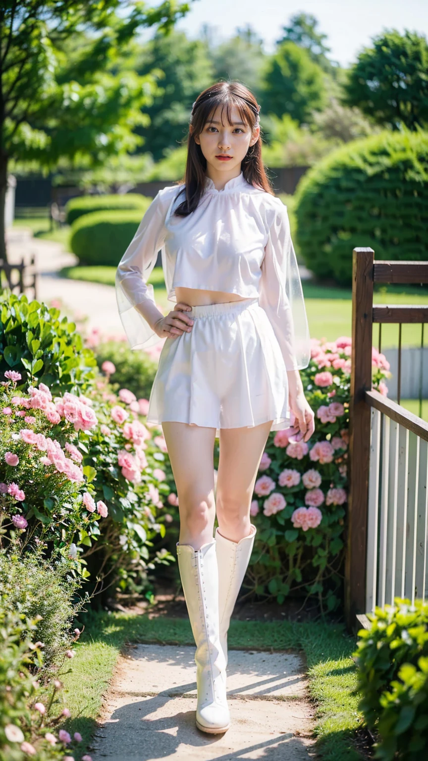 (8k、RAW Photos、Highest quality、masterpiece:1.2)、(Realistic、Realistic)、1 person、((White and pink miniskirt、Fantasy、Warrior Armor、See-through、garden、garden、Breast enlargement、boots、cool、Thin legs、whole body、View from the front、Looking into the camera、Stand with hands on hips))、cute