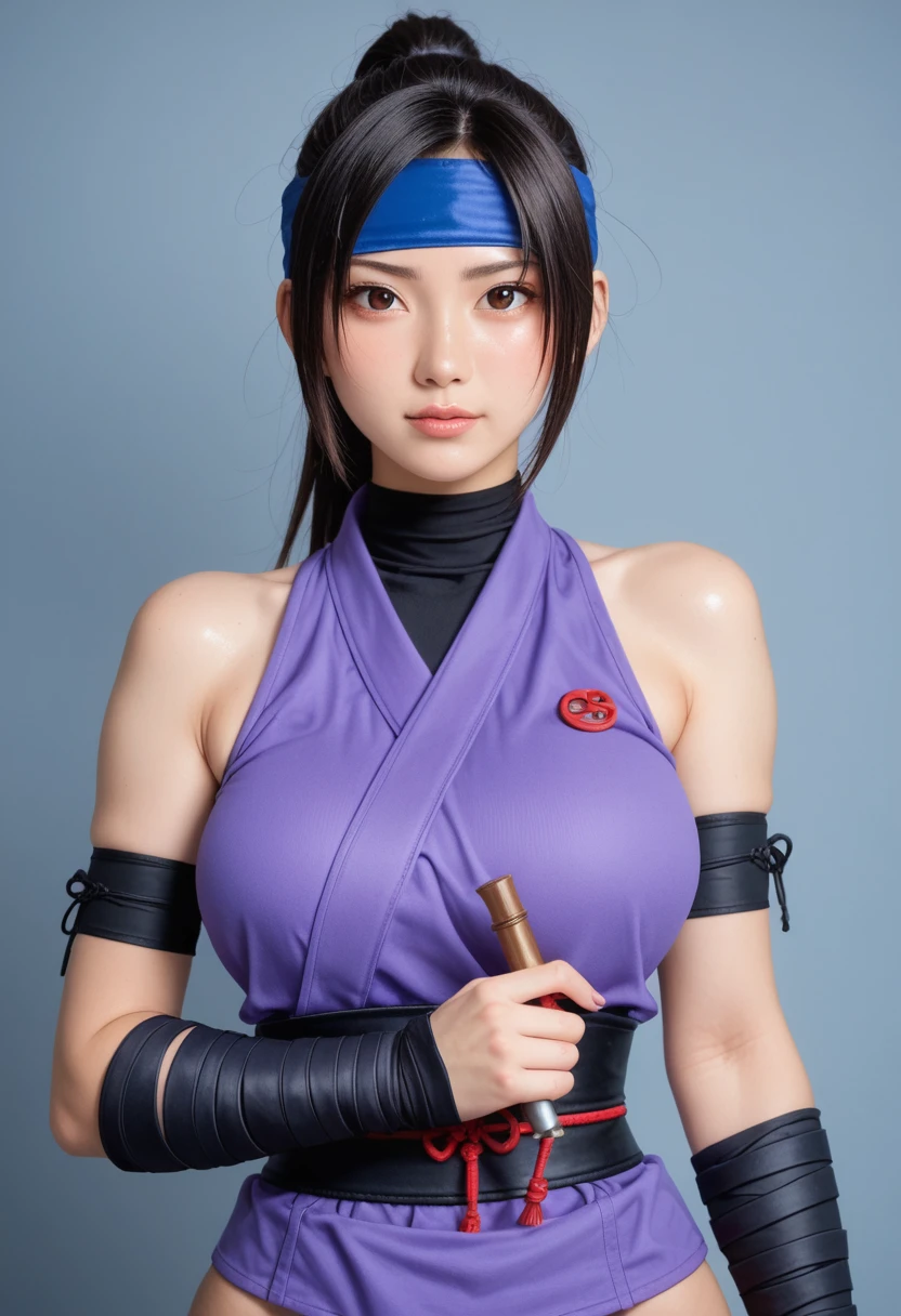 score_9,score_8_up,score_7_up,(pastel-color),(high brightness colors),Cute 20-year-old Japanese 1 girl,solo,(8k, masterpiece, ultra-detailed, best quality, ultra high res, newest, very aesthetic, absurdres, illustration, perfect composition),(hires),looking at viewer,black hair,shiny skin,fair skin,(upper body:1.5),toothless smilev,emphasizing her curvy body and large breasts,(ninja:1.5),An erotic female ninja in a purple ninja outfit, holding a kusarigama seductively, twisting her waist, background of a mist-covered bridge