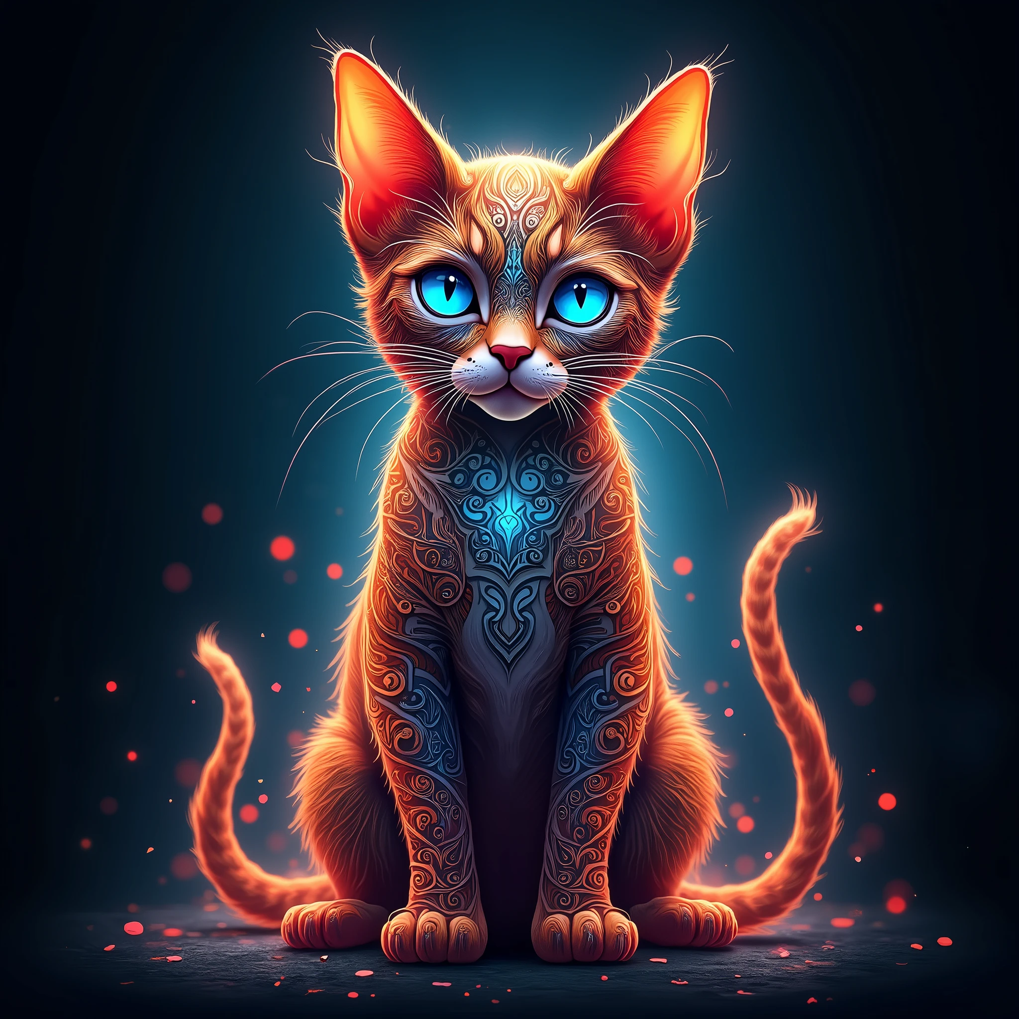 An intricate, stylized digital artwork of a tabby devon rex cat facing forward, with glowing blue eyes. The cat is portrayed in a highly detailed, ornate style, with swirling, decorative patterns covering its body and face. The patterns incorporate vibrant colors like red, orange, blue, and gold, resembling a mix of tribal and baroque designs. The background is dark, emphasizing the glowing elements, with soft, flowing lines and particles of light radiating around the cat, adding a mystical, ethereal atmosphere. The overall vibe is otherworldly and enchanting, with a focus on fine details and glowing effects.