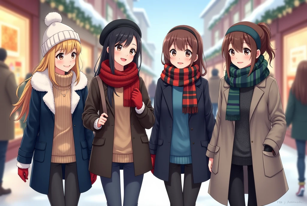 a group of anime girls shopping at a mall during winter

1. the first girl is blonde and wears a navy fur coat with belt around the waist, white beanie, and pants

2. the second girl has brown hair and wearing a turtleneck beige sweater without coat, black pants, red scarf, and a black beret, and red gloves

3. the third girl has long black hair wearing a dark coat with playful blue sweater, striped black and white scarf, skirt, leggings and a blue hairband 

4. the fourth girl has brown ponytail hair with thick grey jacke, black pants, and dark green scarf,

they're all chatting to each other.