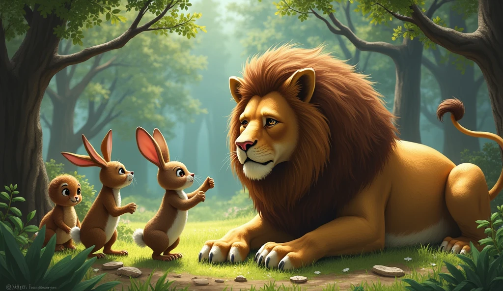 Rabbit&#39;s request for help - The rabbit calls on other animals to help the lion.