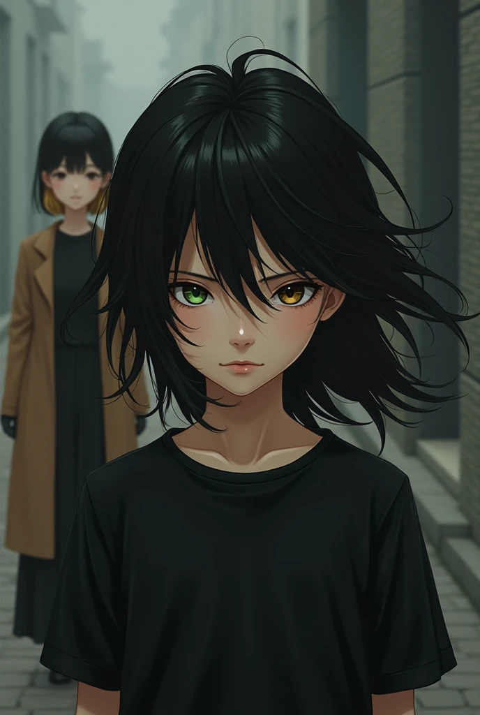 A boy with very long black hair one green eye and one brown eye with a black shirt, in the background an asian girl with a black shirt and a long brown coat, with blond hair and black at the tips of the hair