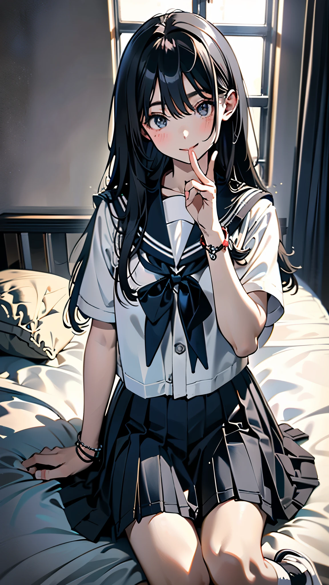 (NSFW),High resolution, (An illustration: 1.2), anime、((highest quality)), (Super detailed),  ((on a beautiful bed in a hotel:1.3)),(8-year-old:1.4)、cute face、(cute school uniform:1.4),break white and transparent skin、(white ribbon on head、Shiny pale black hair:1.4),break (1 boy,penis,missionary position,vagina,sex:1.6),(1man and 1girl having sex:1.8),(cum in pussy)