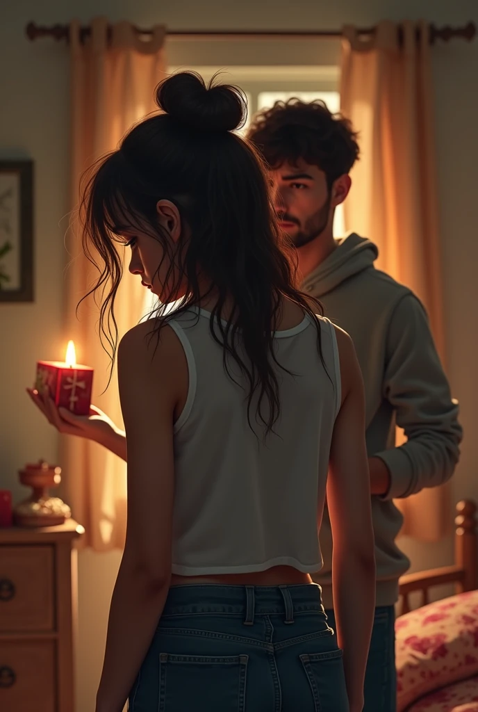 A young lady with her back turned angry While the boyfriend behind her gives her gifts and flattery to make her forgive him