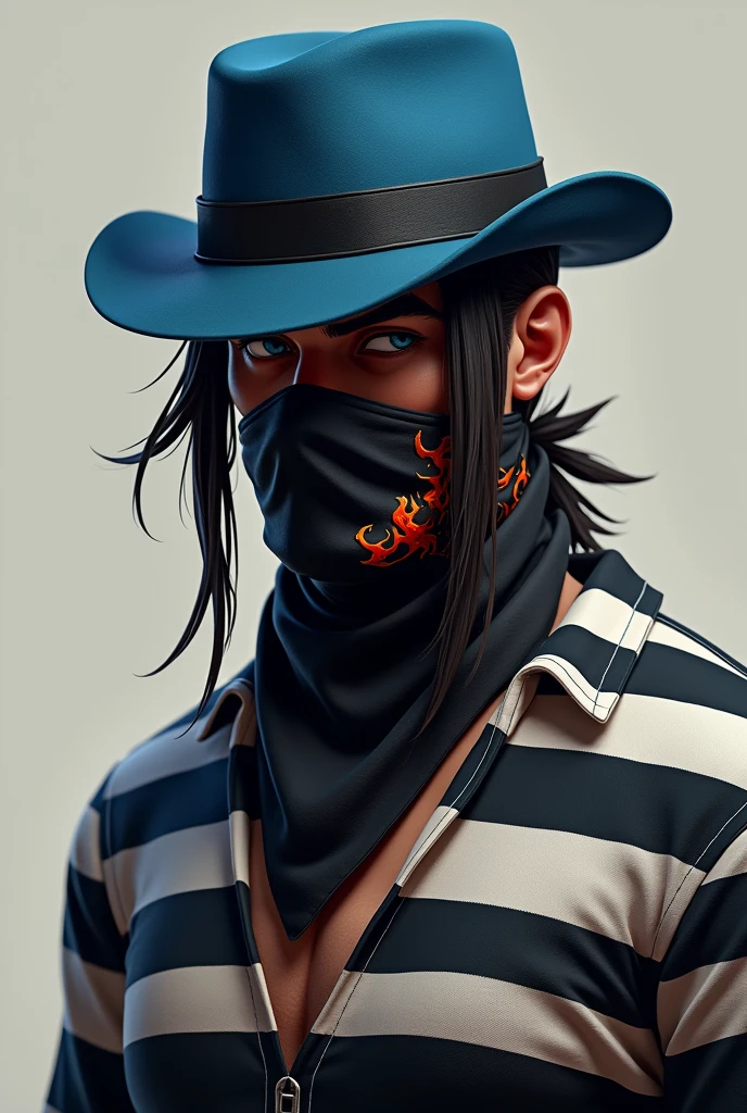 Free fire male character, My character is one who wears a blue hat that falls halfway down the sides, a black bandana with a fire design on the side, a black and white striped prisoner shirt, and the hat is not a cap, it is a hat that falls halfway down the sides, it is not a cap, the hat is more fallen down by the ear, it is a hat that falls down the sides. New character