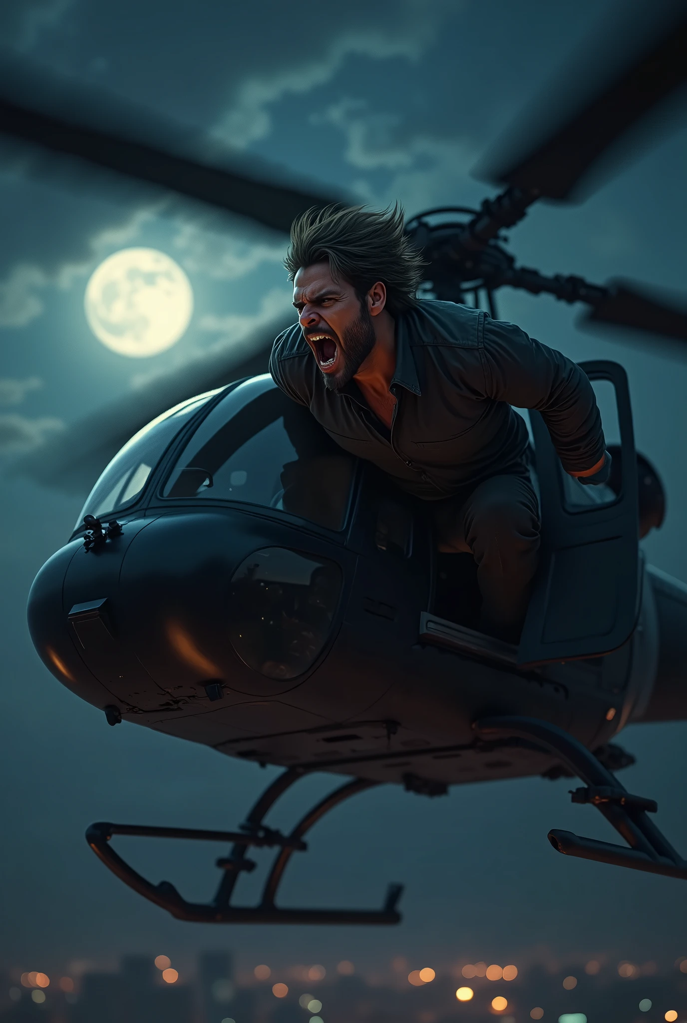 man in Helicopter , in the night , yelling