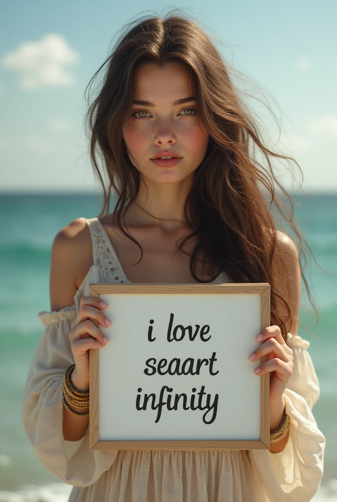 Beautiful girl with wavy long hair, bohemian dress, holding a white board with text "I Love Seaart Infinity" and showing it to the viewer