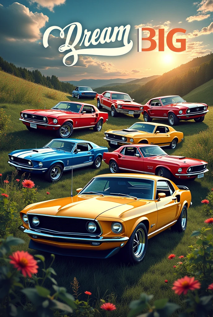 Create a  wallpaper  with classic mustangs im collage  and with multiple natural lights background and write in middle  Dream Big 