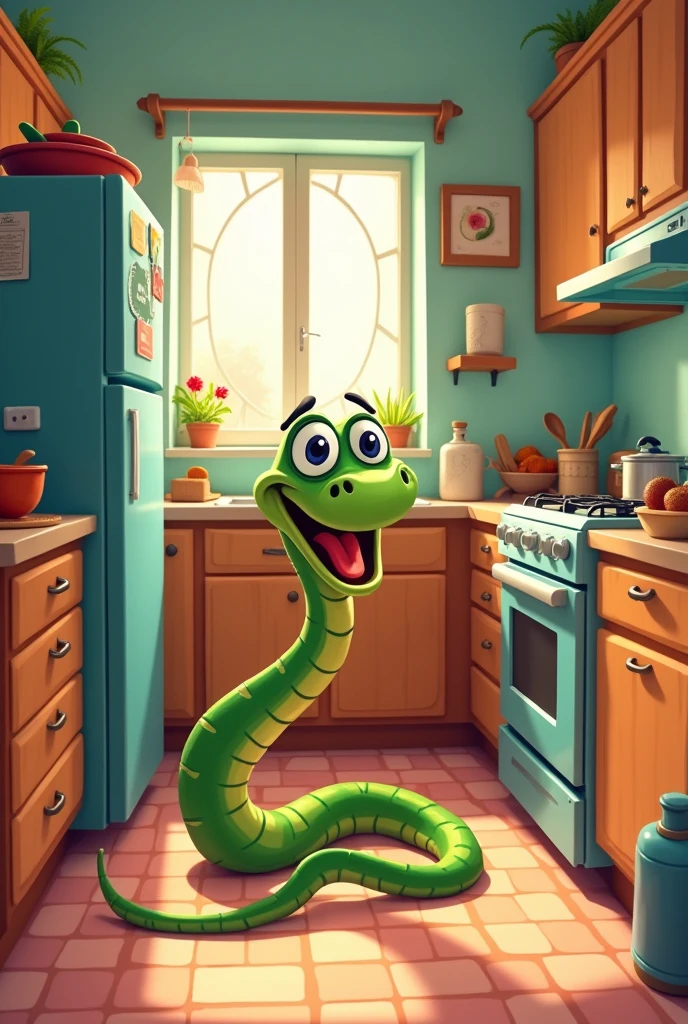 /imagine snake moved here and there in kitchen. in cartoon style,-- ar 3.2
