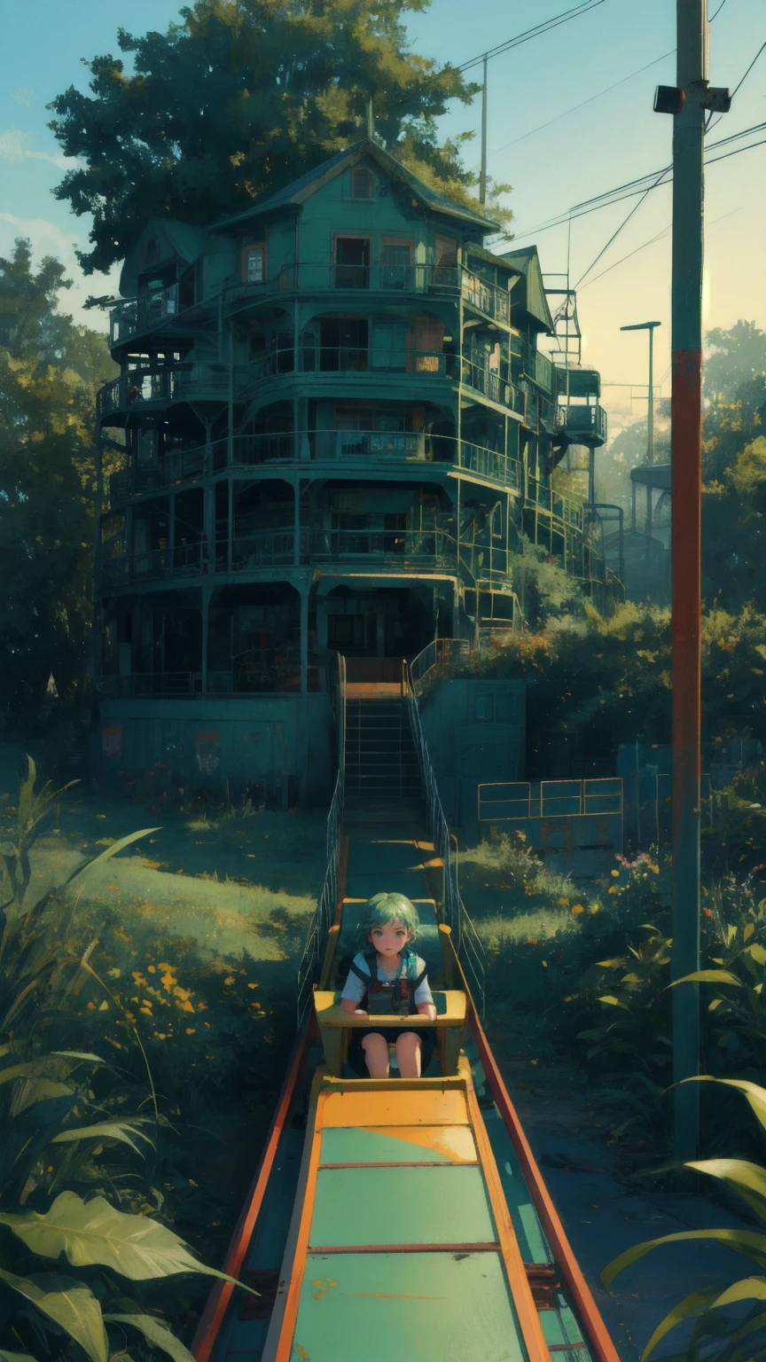 "Design an image of a roller coaster ride set against a misty, blue-green sky. Replace the frog in the roller coaster car with a cute girl who has a curious yet cautious expression, as if she's bracing herself for the unpredictable twists ahead. The roller coaster car should be red, worn down, and labeled 'Stablecoin,' reflecting the theme of navigating stability in a volatile environment. The track should wind through an overgrown, abandoned amusement park, with rusting rides and swirling leaves, capturing a mix of thrill and uncertainty.