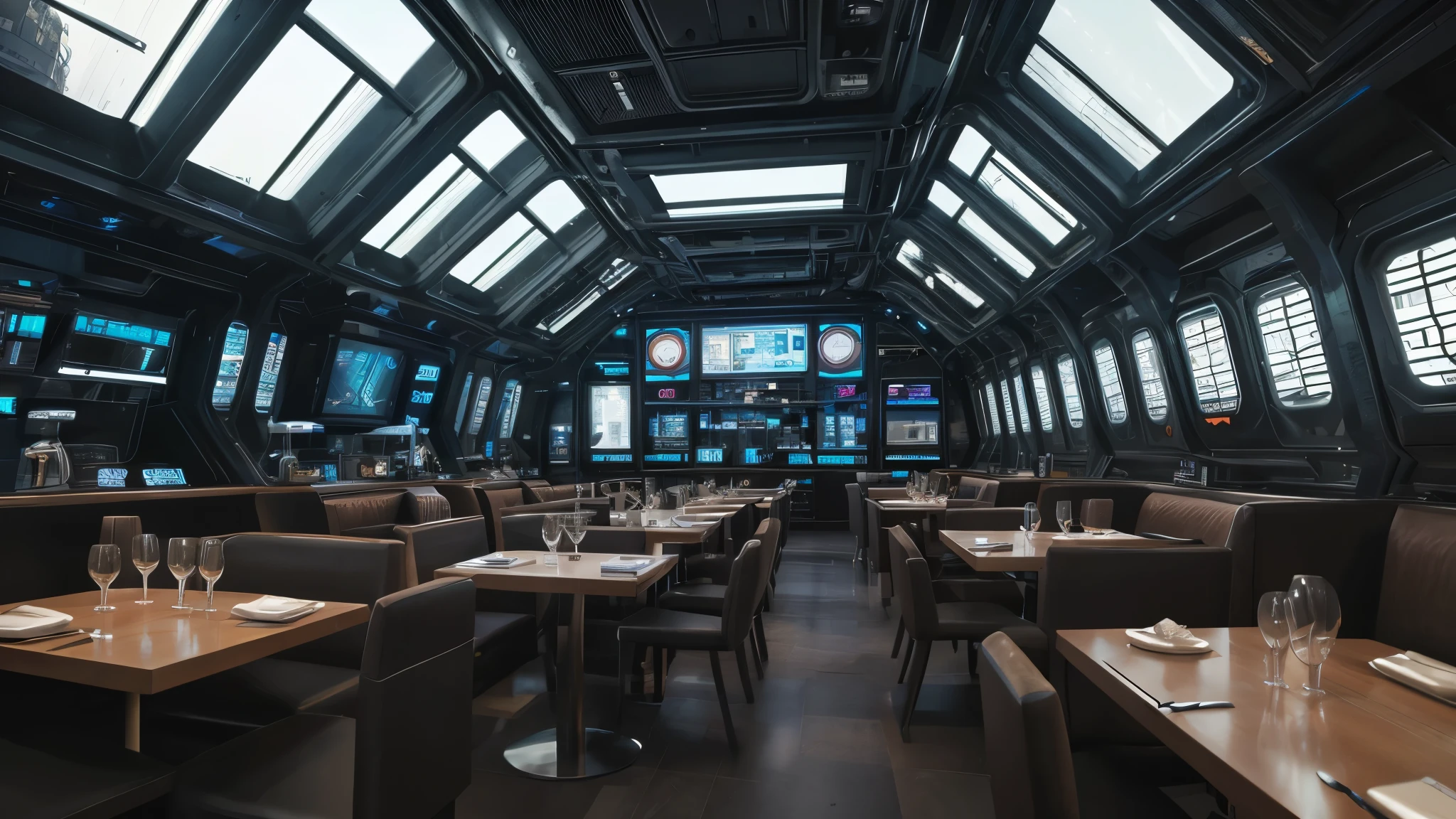 scifi, futuristic restaurant, architectual, space design, cyberpunk, futuristic, hightech, hard-surface design, daylight, much tech, much electronic, very cozy, ambient light, realistic view, wide angle, year 2124