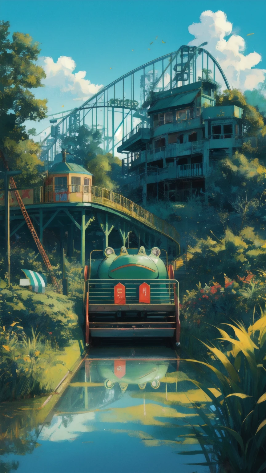 Create an image featuring a roller coaster ride with a vibrant blue-green sky in the background. Replace the frog character in the roller coaster car with a cute girl who has a calm yet slightly uncertain expression, reflecting the 'stablecoin' theme. The roller coaster car should remain red and weathered, labeled 'Stablecoin,' and the track should wind through a slightly eerie, overgrown amusement park. The background should include dilapidated structures and swirling debris, adding to the sense of a thrilling yet unpredictable ride, emphasizing the concept of stability in a volatile environment