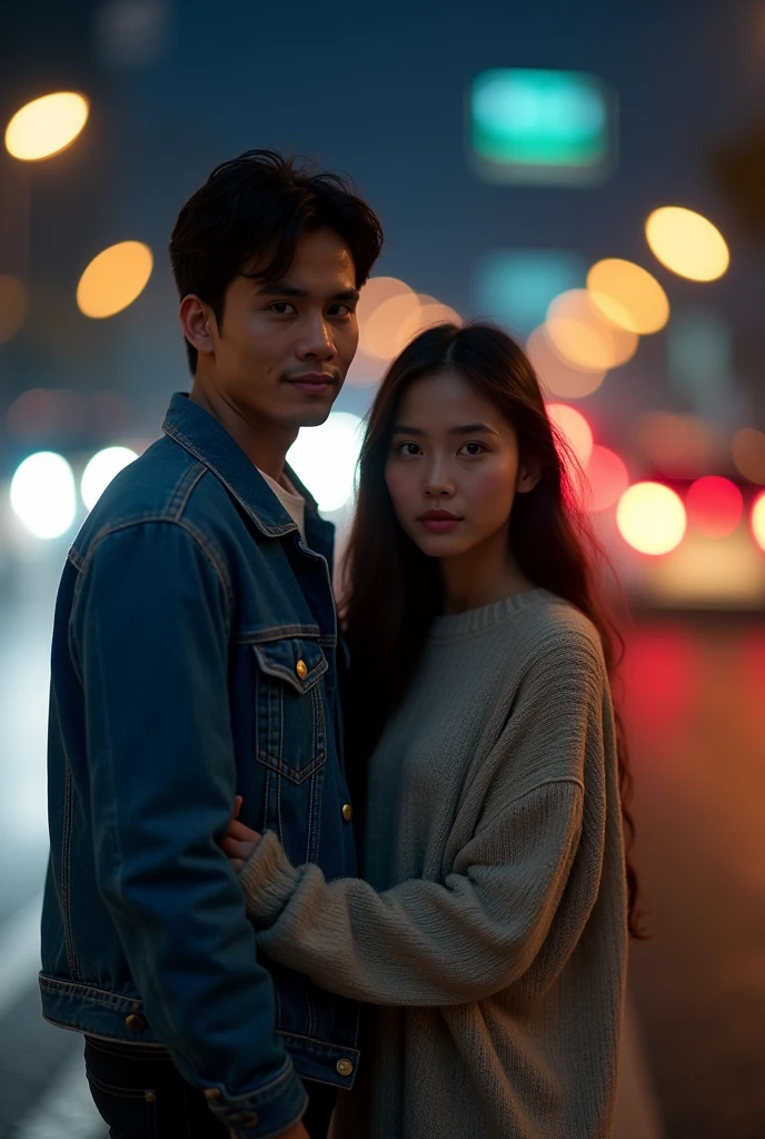 Portrait of young Indonesian man wearing a slim denim jacket and young Indonesian woman with long hair wearing a sweater walking on the side of the highway,a lot of cars go fast and blur,the night,best quality,real,face in front of the camera