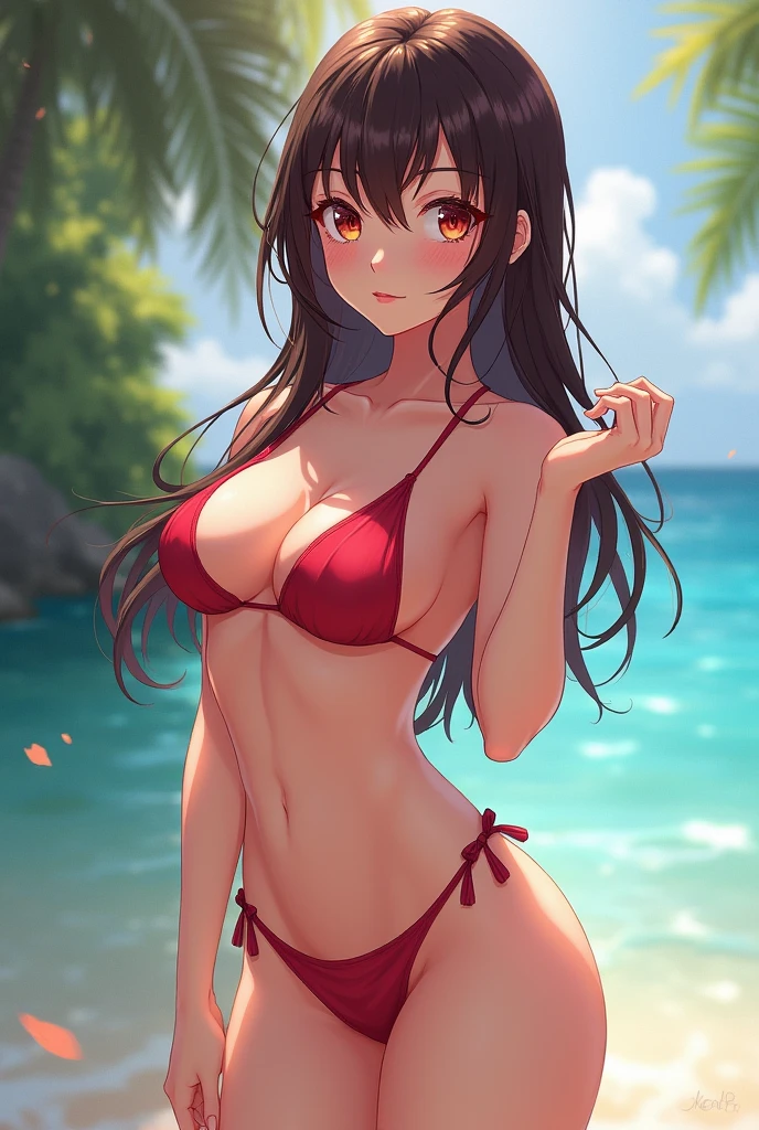 Could you create a hottie in the anime style with a very tight micro bikini? 

