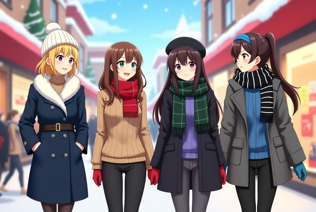 a group of anime girls shopping at a mall during winter

1. the first girl is blonde and wears a navy fur coat with belt around the waist, white beanie, and pants

2. the second girl has brown hair and wearing a turtleneck beige sweater without coat, black pants, red scarf, and a black beret, and red gloves

3. the third girl has long black hair wearing a dark coat with playful blue sweater, striped black and white scarf, skirt, leggings and a blue hairband 

4. the fourth girl has brown ponytail hair with thick grey jacke, black pants, and dark green scarf,

they're all chatting to each other.