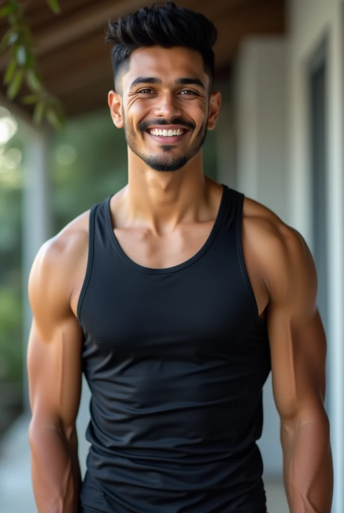 "A 20-year-old fair-skinned Indian fitness enthusiast with a chiseled physique, showcasing defined muscles and a lean, athletic build. His short, textured dark hair is styled in a clean, sporty look, and his sharp jawline complements his high cheekbones. His piercing dark brown eyes reflect focus and determination, framed by bold, well-groomed eyebrows. Wearing a fitted athletic tank top that highlights his toned arms and abs, he sports a clean-shaven or stubble look. His confident, energetic smile radiates health and motivation, perfect for a fitness influencer in the modern, active lifestyle scene."