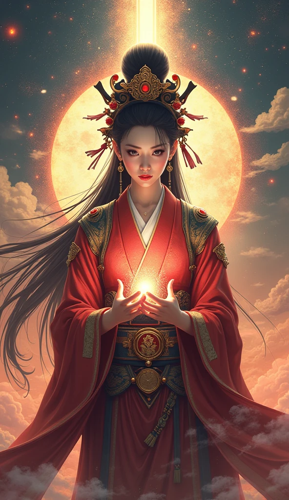 Fortune telling,Japanese Goddess,Strong Goddess,Upper Body,Background is God々The Shining, Size 9:16 Vertical