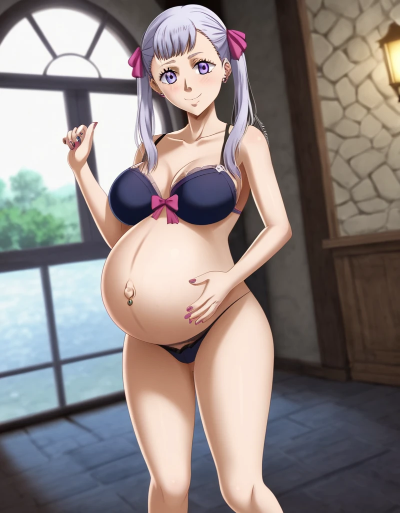 noelle_blackclover, Noelle Silva, Black Clover, long silver hair, waist-length hair, half-up half-down hairstyle, ribbon, side-parted bangs, almond-shaped blue eyes, high-quality, ultra-detailed, beast quality, 8K resolution,
looking at viewer, dutch angle, cowboy shot, smile, pregnant belly, large belly, big belly, big Breasts, belly button piercing,
1girl,solo, indoors, happy, Smiling, rub belly,
full body, Nail polish,