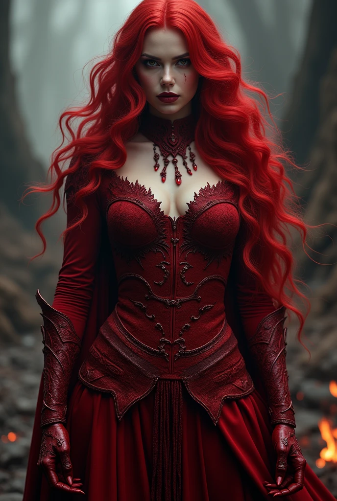 NSFW, best quality (4K, high resolution, masterpiece:1.2), ultra-detailed, realistic (photo-realistic:1.37), Eira, the Red Queen of Wrath, mesmerizing enchantress, portrait, ((standing with a captivating red velvet gown)), alluring yet intimidating gaze, hypnotic, demonic eyes, poised stance, ((flowing fiery red hair)), with flickers of hellfire, intense and ominous aura with a hint of darkness, pure (red velvet color scheme), sharp focus, perfect, ominous lighting, confident, sinister demeanor, intriguingly wicked smile, powerful wrath magic and sinister energy radiating from her eyes, war-torn landscape with a dark, foreboding background, entrancing yet eerie atmosphere, inspired by fantasy art and dark mythology, emphasizing her allure, fury, and malevolent charm, meticulous attention to facial details showcasing her stunning beauty, elaborate, warlike costume design, striking visual impact, expressive yet wicked facial features, supernatural elements blended with a sinister reality, (exceptionally detailed:1.3), super finely detailed and clawed hands, ultra finely detailed fingers (ten fingers), (suggestive and intimidating posing), ((full body showcase)), no logos in the background.