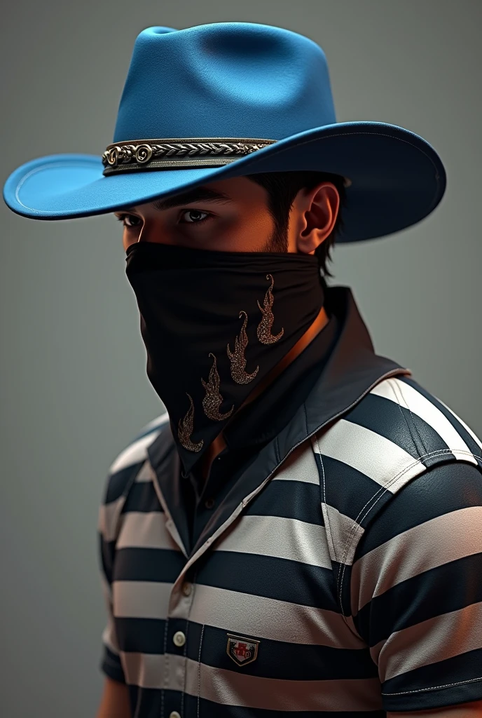 Free fire male character, My character is one who wears a blue hat that falls halfway down the sides, a black bandana with a fire design on the side, a black and white striped prisoner shirt, and the hat is not a cap, it is a hat that falls halfway down the sides, it is not a cap, the hat is more fallen down by the ear, it is a hat that falls down the sides. New character