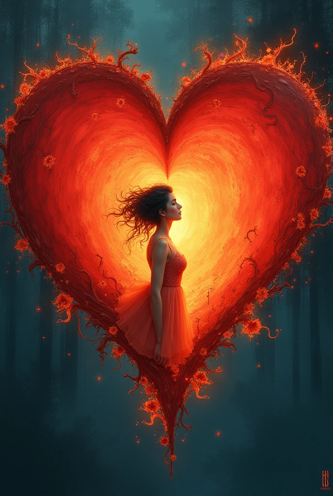 Create an image, of a passionate heart, with a woman drawn inside it small, for the cover of a poetry book 