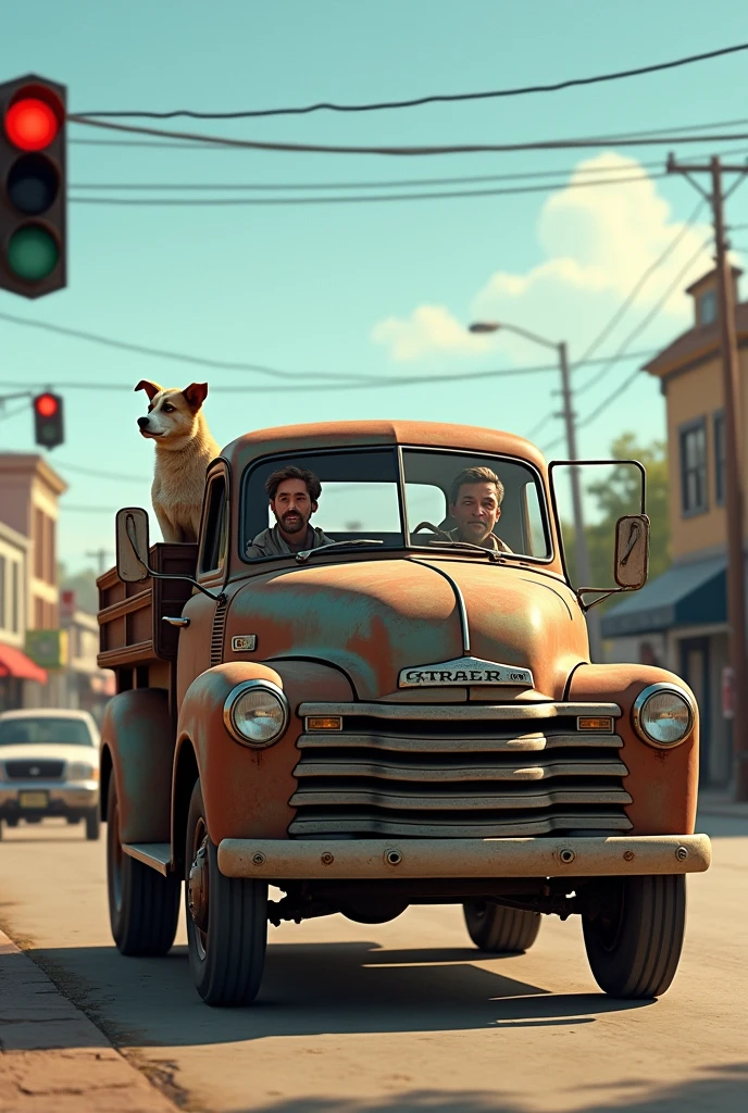 A farm truck with a human and his dog waiting at the traffic light 