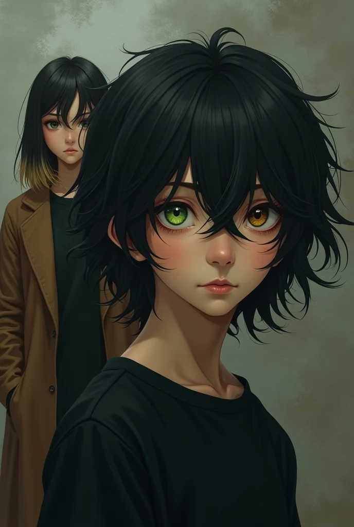 A boy with very long black hair one green eye and one brown eye with a black shirt, in the background an asian girl with a black shirt and a long brown coat, with blond hair and black at the tips of the hair