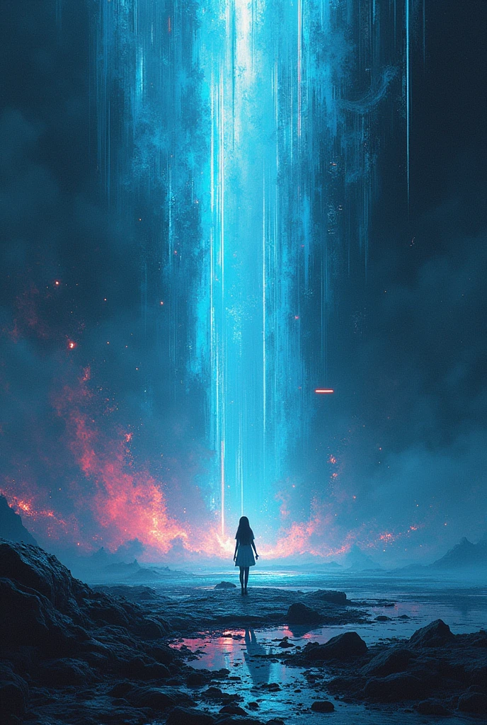 (masterpiece, Top quality, best quality, Official Art, beautiful and aesthetic:1.2), 1 Girl, Glitch Art, (Digital Distortion), Pixelate fragments, Data corruption,Colored Noise, Visual confusion,Contemporary Aesthetics,hyper detailed otherworldly landscape, glowing, gleaming, luminous, vibrand, phosphorescent, black, dark, low key, obsidian, onyx, pitch-black, by Richard Misrach and by Yoann Lossel, excellent composition, finest details, maximized details, ultimate detail level, highest aesthetics, painterly, brushstrokes, traditional oil painting style, intense vibrant harmonic Cobalt Blue and Light Gray hue