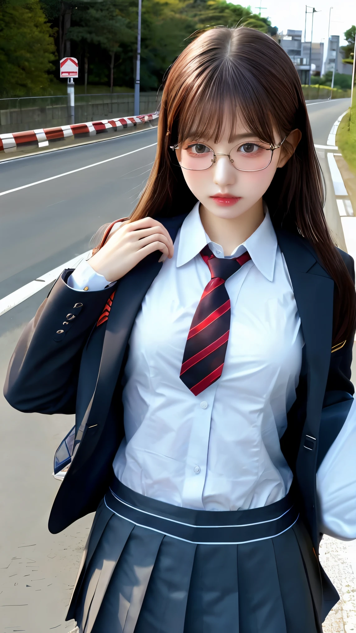 Masterpiece, best quality, Very detailed, illustration,, (With equipment:1.4), 1 girl, glasses, small breasts, necktie, skirt, bag, School uniform, black hair, outdoor, road, Between the chest, road, school bag, Ground vehicles, Dunshi, Japan,,  