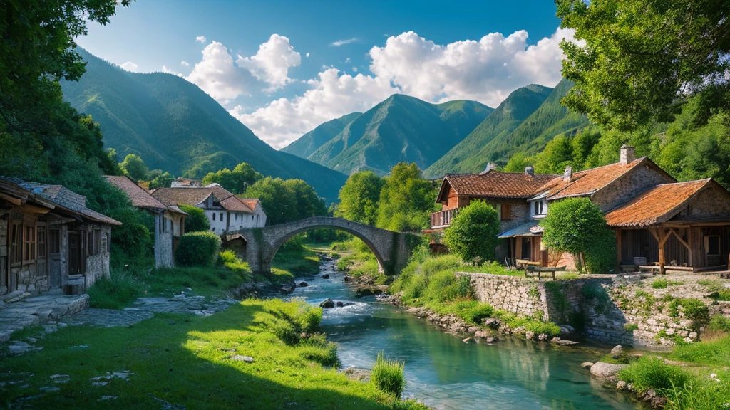 Ancient village of Montenegro, mystical nature, Rivers, Mountains and forests, waterfall, cloud, Photorealistic photos, It's not 8k. Aerial view.