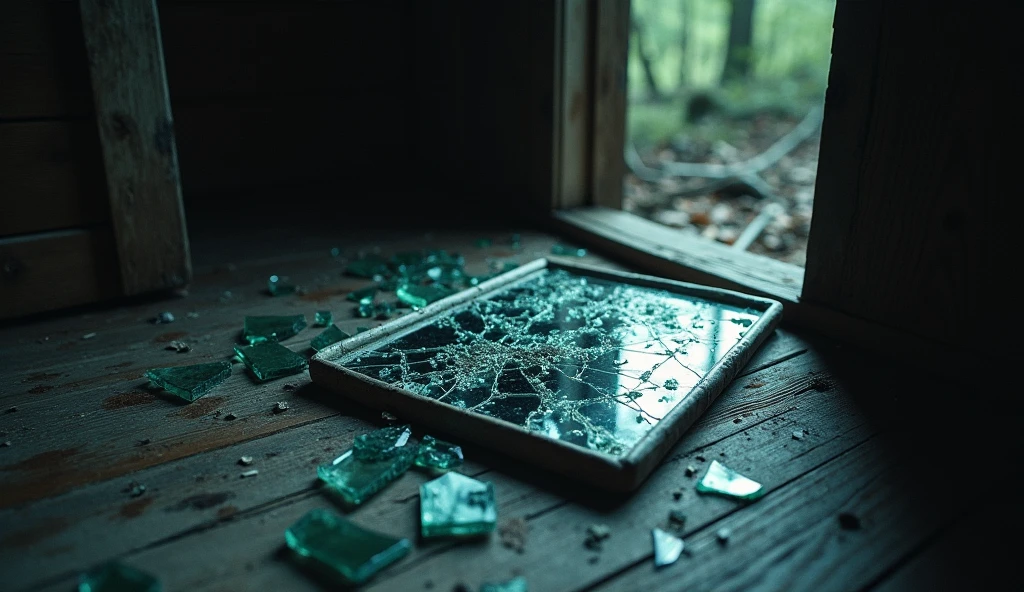 The shattered mirror with broken glass scattered on the floor. The cabin’s walls seem to be closing in, creating a sense of claustrophobia and danger.