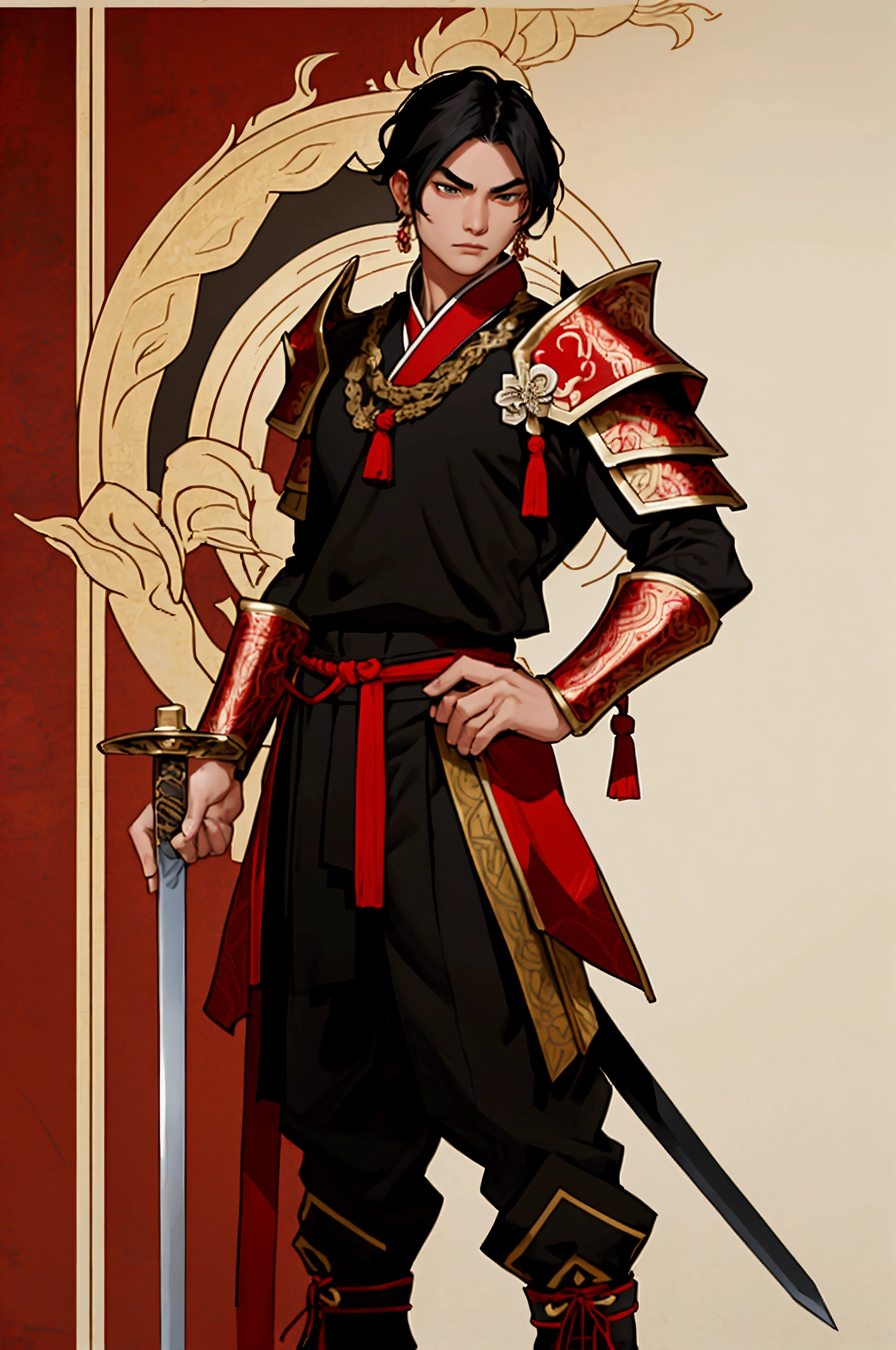 His Majesty is black, Male characters,black hair,short hair,Black eyebrows,Wearing black and red Thai armor,Holding a Thai sword,Wear Thai warrior pants,shoe