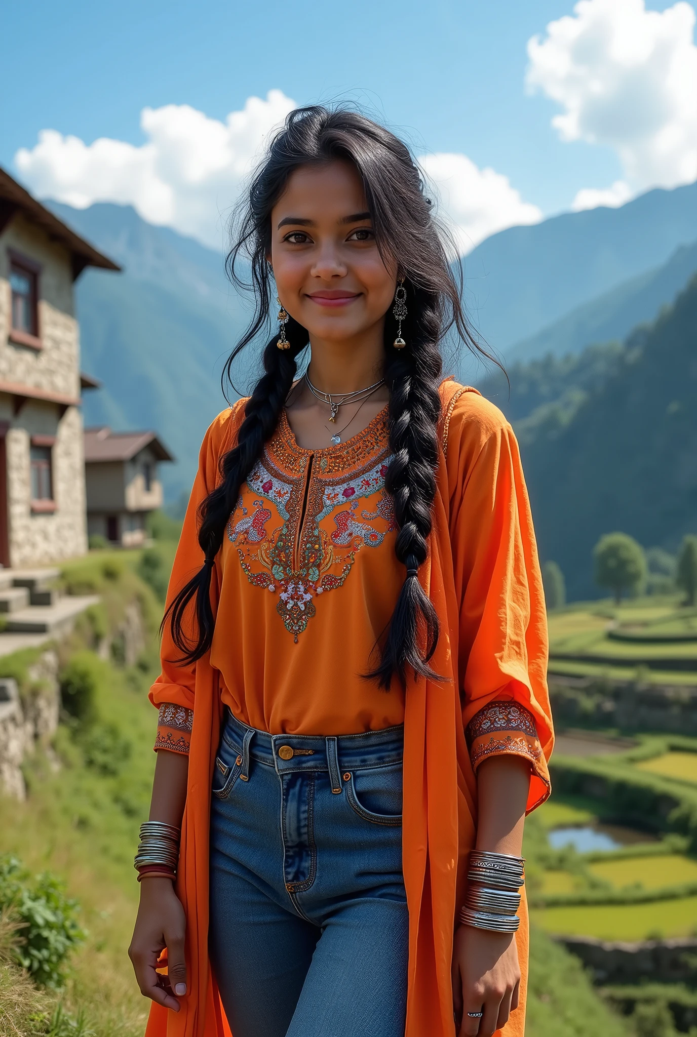Create a detailed portrait of Vritika Negi, a 21-year-old Kumaoni Hindu woman with a slender build and a height of about 5'5". She has long, black hair styled in a simple braid and expressive brown eyes. Vritika is wearing a vibrant kurta paired with jeans, accessorized with silver bangles and traditional earrings. She stands in a serene Himalayan landscape, surrounded by lush green mountains and terraced fields. The backdrop captures the beauty of her village, with traditional stone houses and a clear blue sky. Her expression is warm and determined, reflecting her deep connection to her heritage and her aspirations for the future.