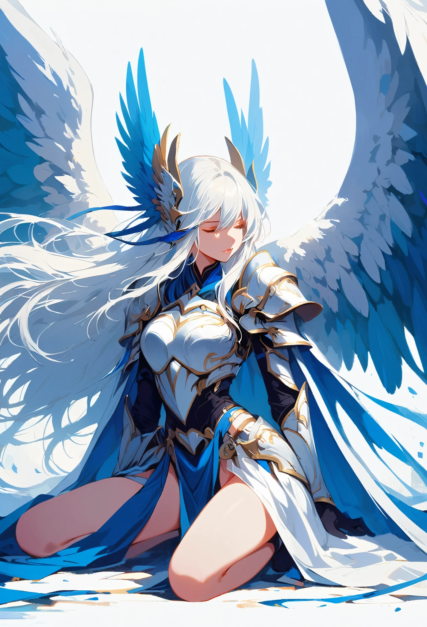 1girl angel angel_wings armor feathers_Long wing feathers_Hair Shoulder Armor Shoulder_Armor single piece_Upper wing separation_The body is white_Theme blue_Wings Wings