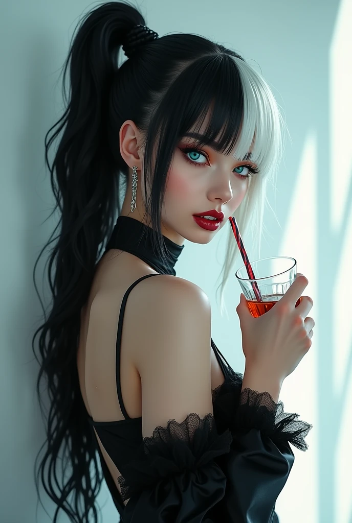 ((4K works))、masterpiece、(top quality)、((One beautiful villain girl))、slender body、high、((Villainous Black Dress Fashion))、(detailed beautiful eyes)、there is、((The face looks like Carly Rae Jepsen))、((Long Boyish black and white split hair))、((Smaller face))、((neutral person))、((bright blue eyes))、((Adult American Women))、((Adult female 26 years old.))、((Cool Lady))、((As a celebrity))、((Like the Queen of Villains))、((Fangs and a smile))、((Korean Makeup))、((Queen of Villains Makeup))、((elongated and sharp eyes))、((Boyish))、((Queen of Villains))、((She drinks alcohol))、((Shot diagonally from the side))、professional photos、Queen of Villains photo、Reach out to your audience、((Shot Alone))