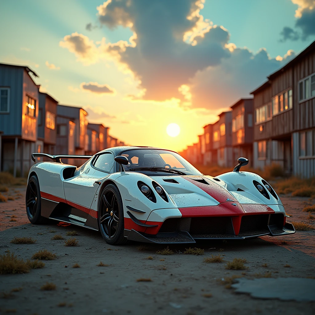 A captivating digital wallpaper showcases a sleek and elegant Pagani Zonda cinque, parked in a junkyard. The car's dusty, exuding scrap. The vibrant sky is filled with a breathtaking view of the azure heavens above and the golden sun setting behind the horizon. The cinematic atmosphere creates a stunning visual treat for scrapyard enthousiast., cinematic, photo, vibrant Junkyard looks old and abandond and crash damaged, white color with red stripe over car, black accents along the bottom