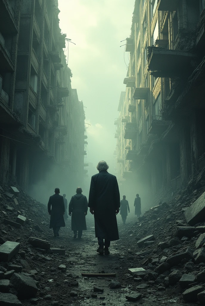 Post war zone. Collapsed building, one man in 60s. A pastor leading few people to there with a hope
.