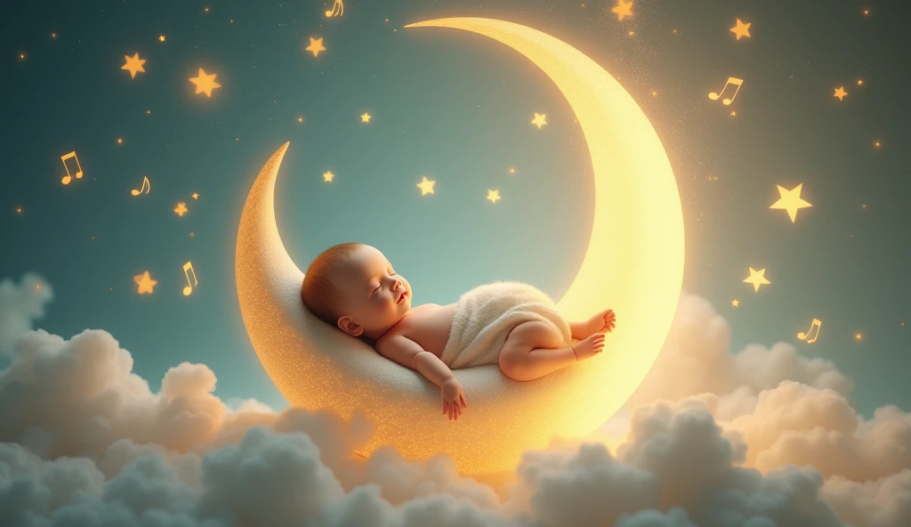 a baby listens to a lullaby and sits tenderly on a crescent moon in a fairy-tale space and there are many stars around, sleeps with closed eyes