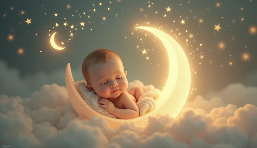 a baby listens to a lullaby and sits tenderly on a crescent moon in a fairy-tale space and there are many stars around, sleeps with closed eyes