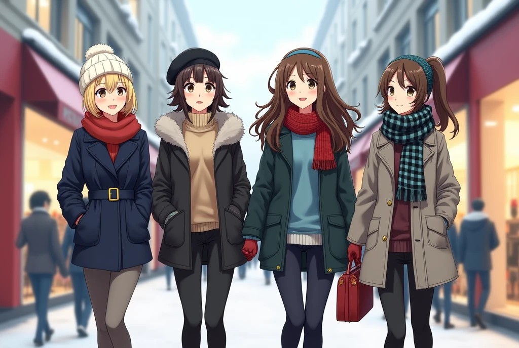 a group of anime girls shopping at a mall during winter
1. the first girl is blonde and wears a navy fur coat with belt around the waist, white beanie, and pants
2. the second girl has brown hair and wearing a turtleneck beige sweater without coat, black pants, red scarf, and a black beret, and red gloves
3. the third girl has long black hair wearing a dark coat with playful blue sweater, striped black and white scarf, skirt, leggings and a blue hairband
4. the fourth girl has brown ponytail hair with thick grey jacke, black pants, and dark green scarf,
they're all chatting to each other.