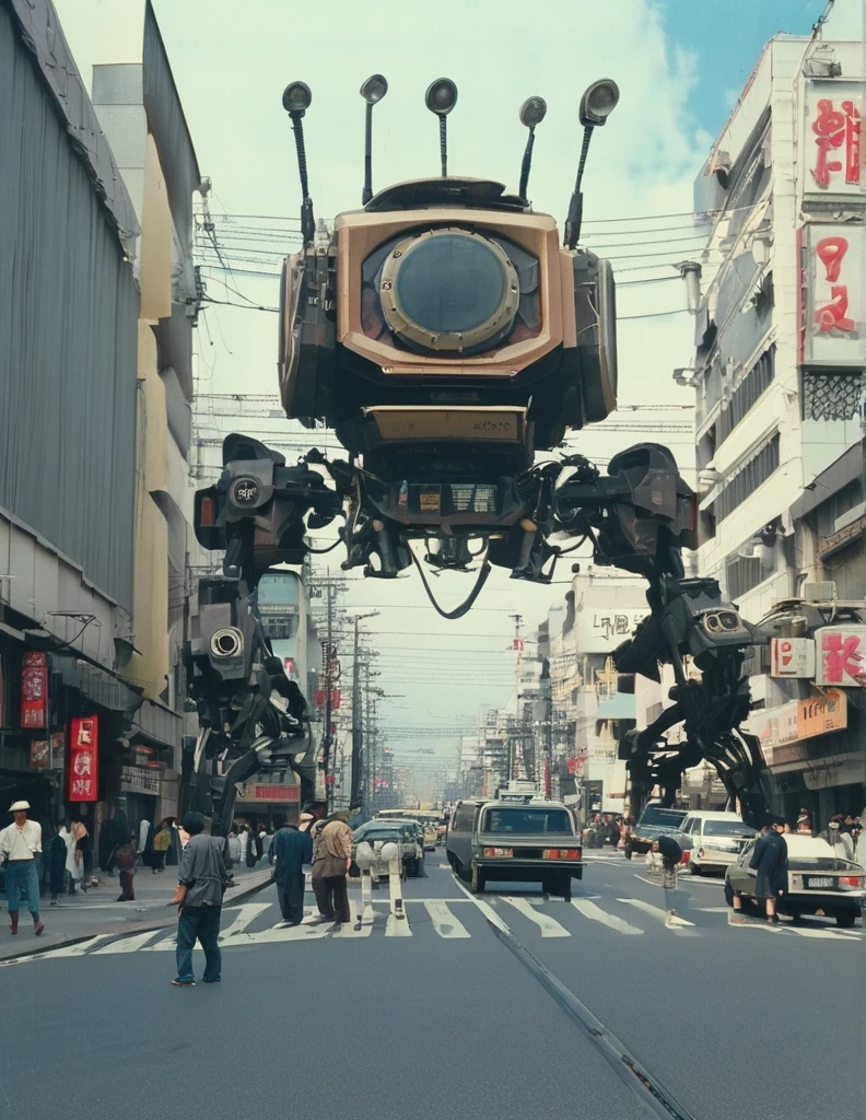 apocalyptic a robot with a large turret on its top, spider robot tank, reelmech, mechanical parts, machinery, joints, 
There are many cars and people on the city streets., Japan 1980s, Downtown Japan, Tokyo cityscape, Japan Streets, vintage footage of Tokyo cityscape, Tokyo cityscape set in 1982, Tokyo cityscape, Photos of Japan in the 80s, Japan Streets, in the Tokyo cityscape, Kodachrome : : 8k yen, Vintage Photography, Printed matter from the 1970s