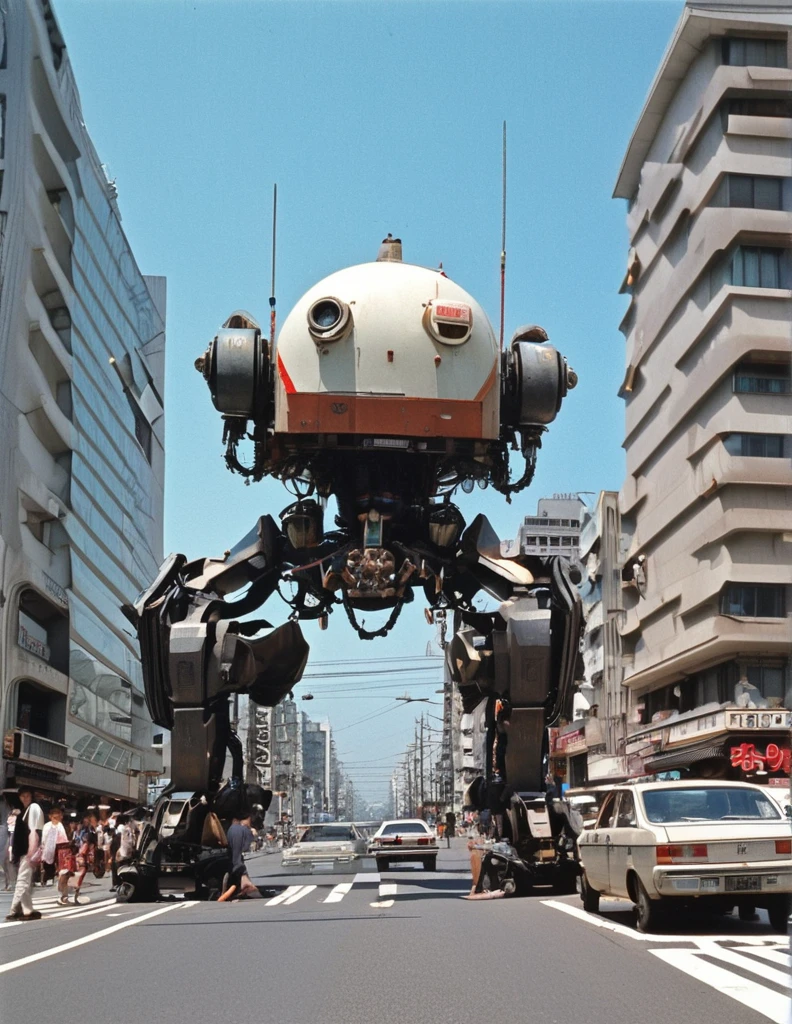 apocalyptic a robot with a large turret on its top, spider robot tank, reelmech, mechanical parts, machinery, joints, 
There are many cars and people on the city streets., Japan 1980s, Downtown Japan, Tokyo cityscape, Japan Streets, vintage footage of Tokyo cityscape, Tokyo cityscape set in 1982, Tokyo cityscape, Photos of Japan in the 80s, Japan Streets, in the Tokyo cityscape, Kodachrome : : 8k yen, Vintage Photography, Printed matter from the 1970s